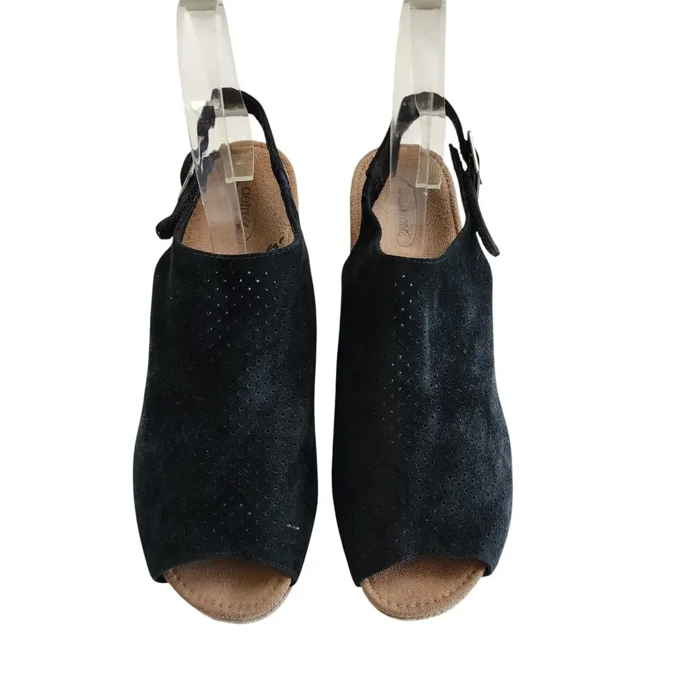AETREX Womens Sherry Espadrille Wedge Sandal Size 10.5-11 Black Suede Perforated